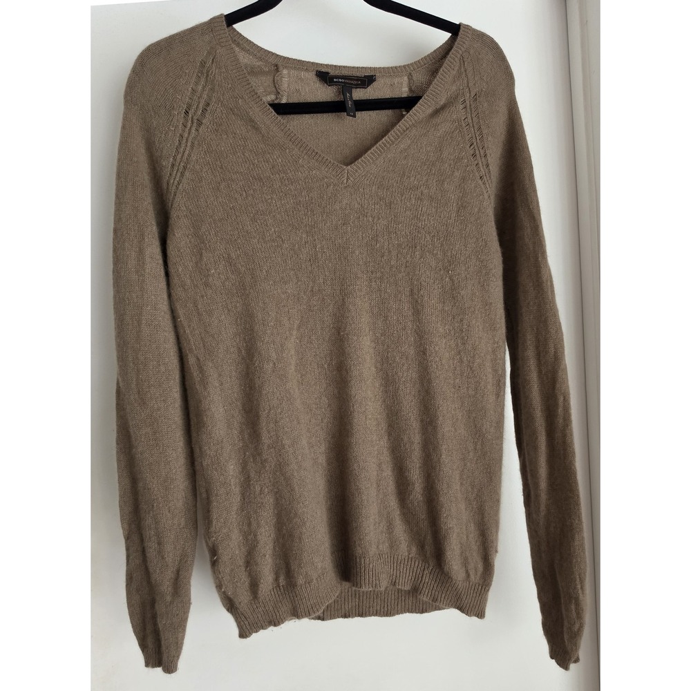 BCBGMAXAZRIA Cashmere Sweater XS Brown V-Neck Long Sleeve Pullover Classic